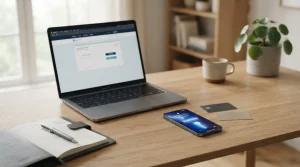 Mobiltelefon, betalingskort og computer ved et dansk digitalt betalingsbord