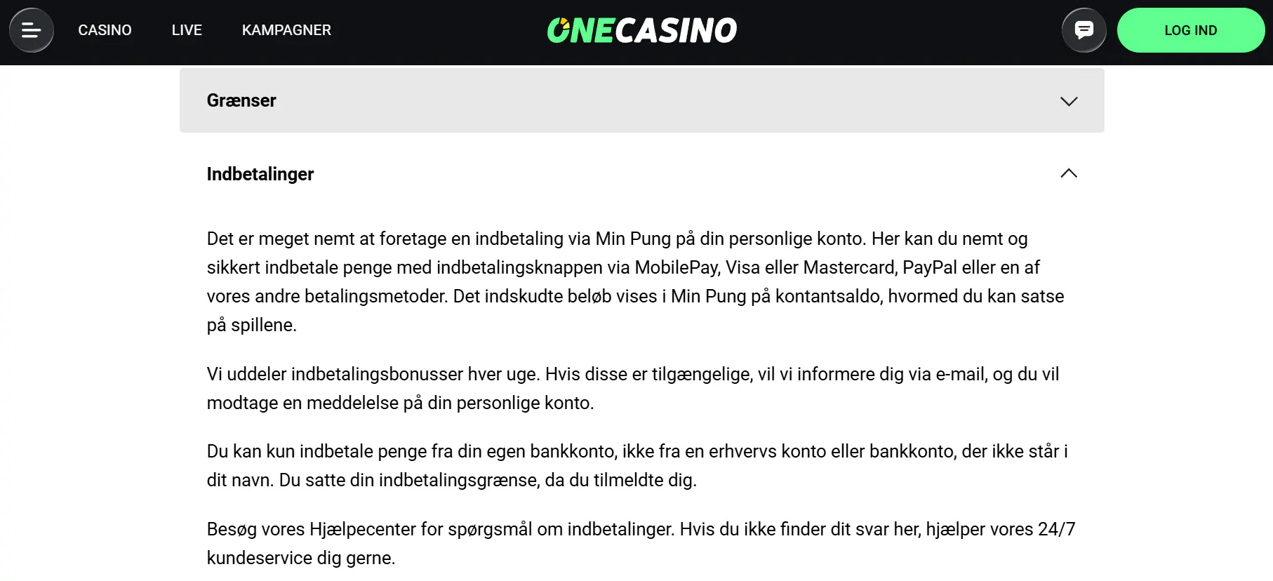 OneCasinos danske betalingsinformation vist i en browser