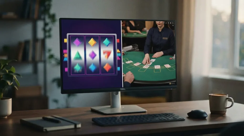 Skærm med slotspil og et live casinobord i et delt digitalt spilmiljø