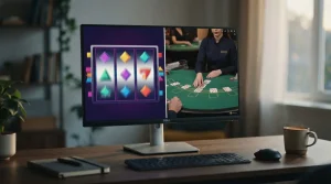 Skærm med slotspil og et live casinobord i et delt digitalt spilmiljø
