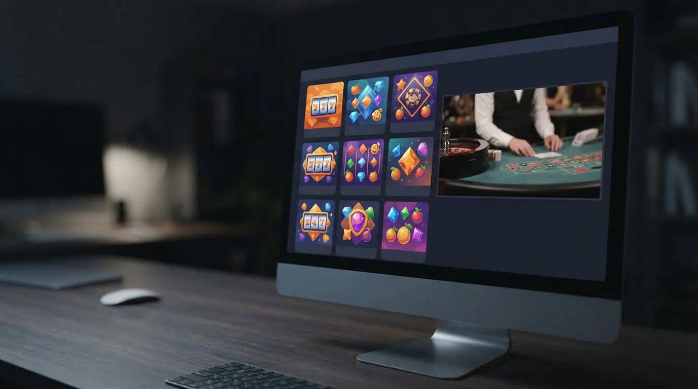 Skærm med slotreoler og et live casinobord i et mørkt spillemiljø